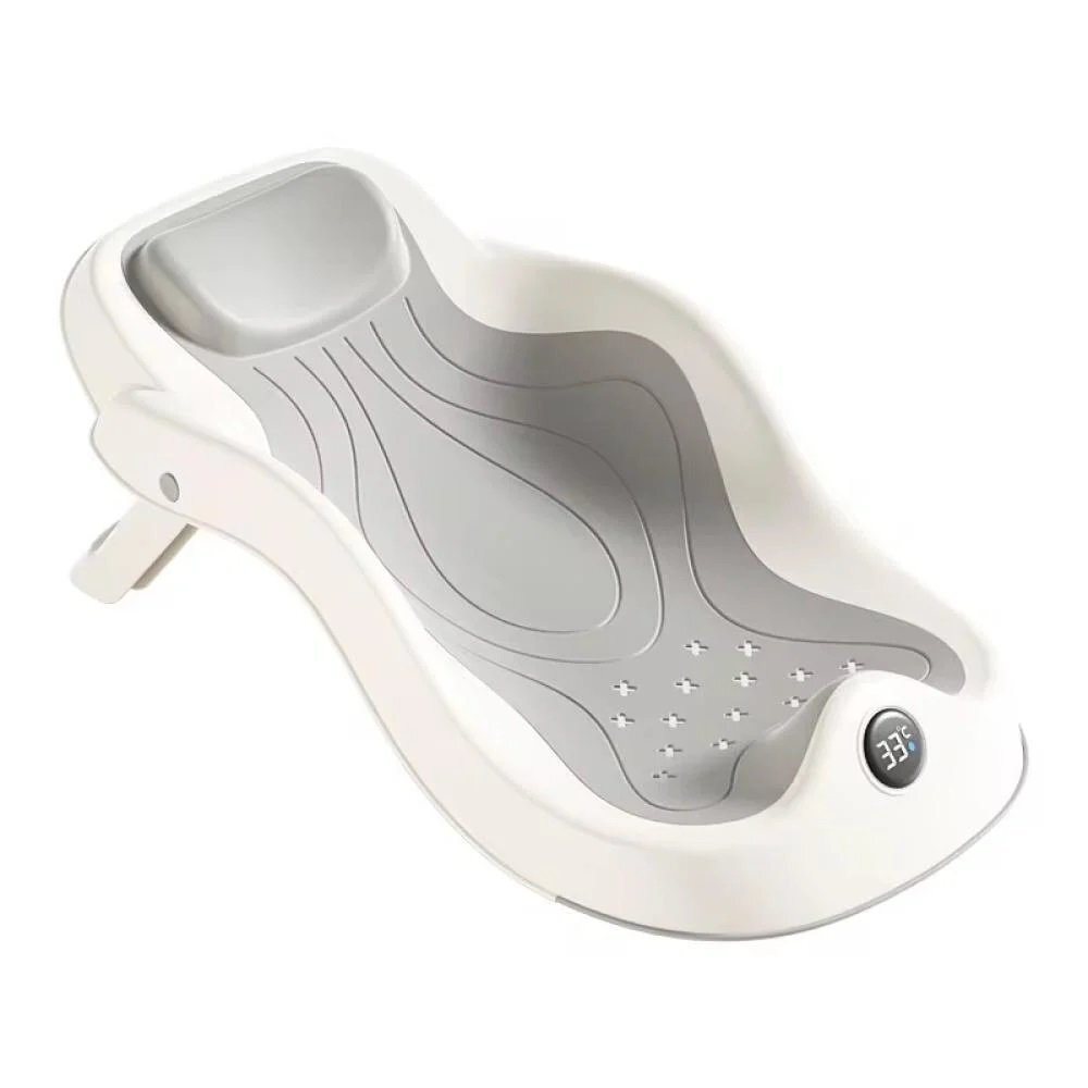 Little Mom Suport de baie pentru bebelusi design ergonomic pliabil cu indicator de temperatura prevazut cu tetiera si suprafata texturata cu gauri de scurgere a apei dimensiune 58 x 11 x 30 cm