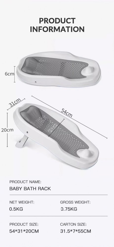 Little Mom Suport de baie pentru bebelusi Grey ComfortBath Baby design ergonomic pliabil usor de transportat prevazut cu tetiera suprafata texturata cu orificii de drenaj material non-toxic