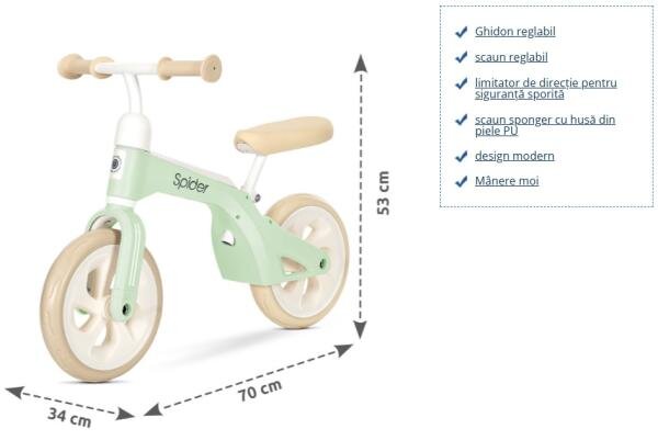 LORELLI Bicicleta de tranzitie pentru copii Spider Mint fara pedale ghidon reglabil sezut ajustabil limitator de directie cadru din aluminiu roti 10 inch greutate admisa 20 kg