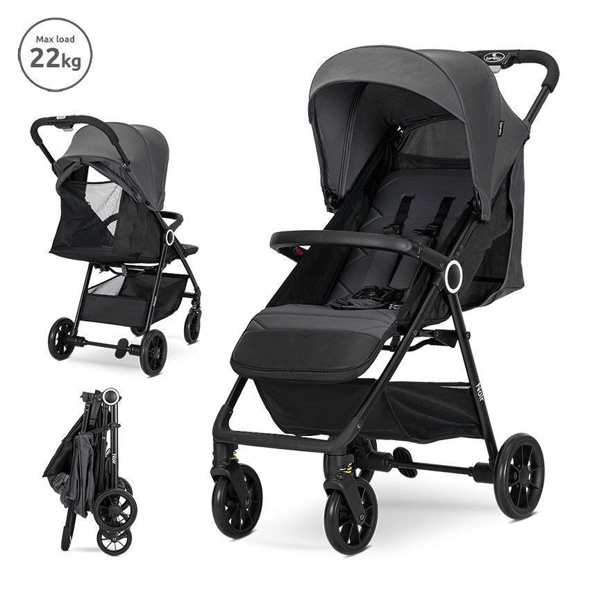 LORELLI Carucior pentru copii Noir Grey sistem de pliere cu o singura mana suspensii suport pentru picioare reglabil greutate suportata 22 kg