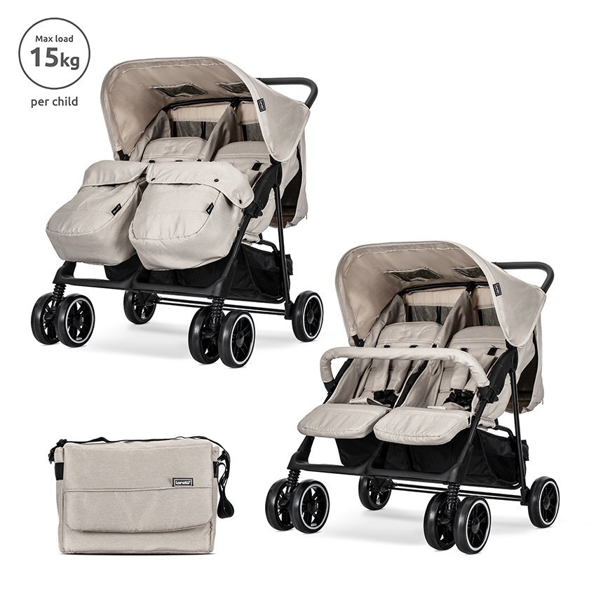 LORELLI Carucior pentru gemeni Twin Beige reglabil individual geanta pentru mama si huse pentru picioare