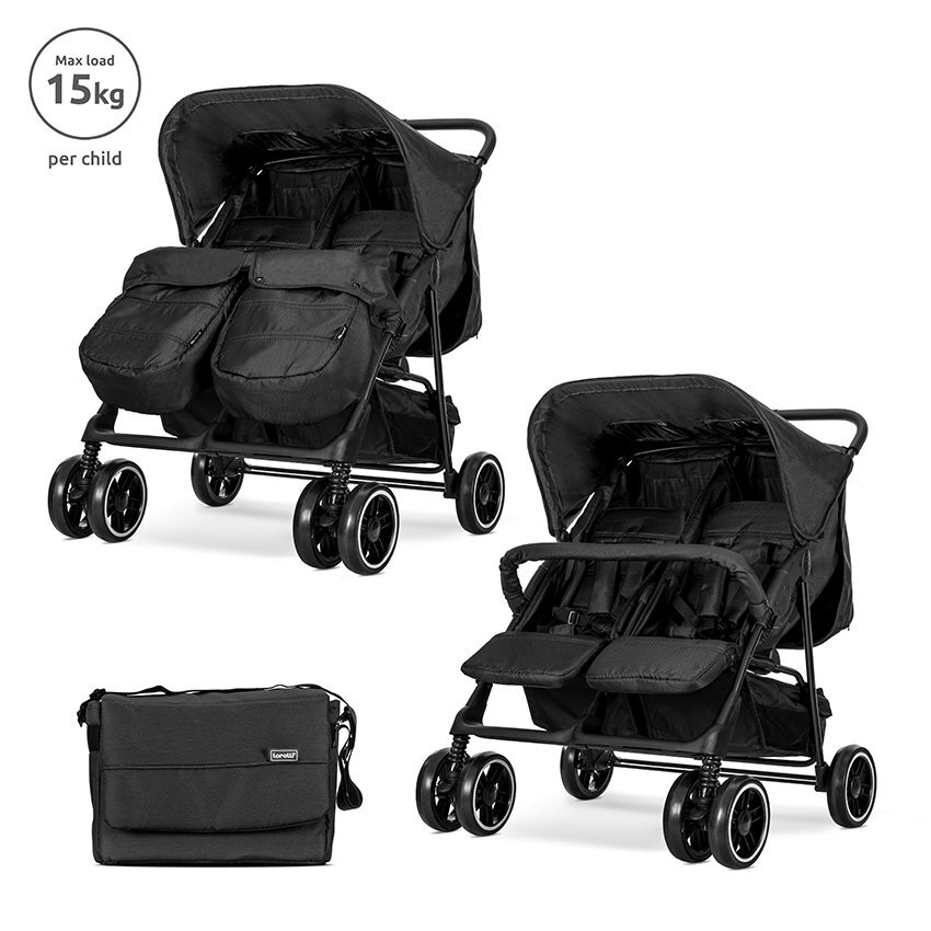 LORELLI Carucior pentru gemeni Twin Black reglabil individual geanta pentru mama si huse pentru picioare