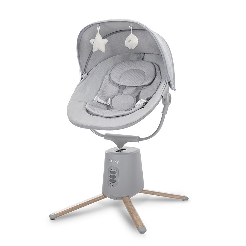 LORELLI Leagan electric pentru bebelusi Storky Grey bluetooth telecomanda 5 viteze de leganare potrivit 0-6 luni