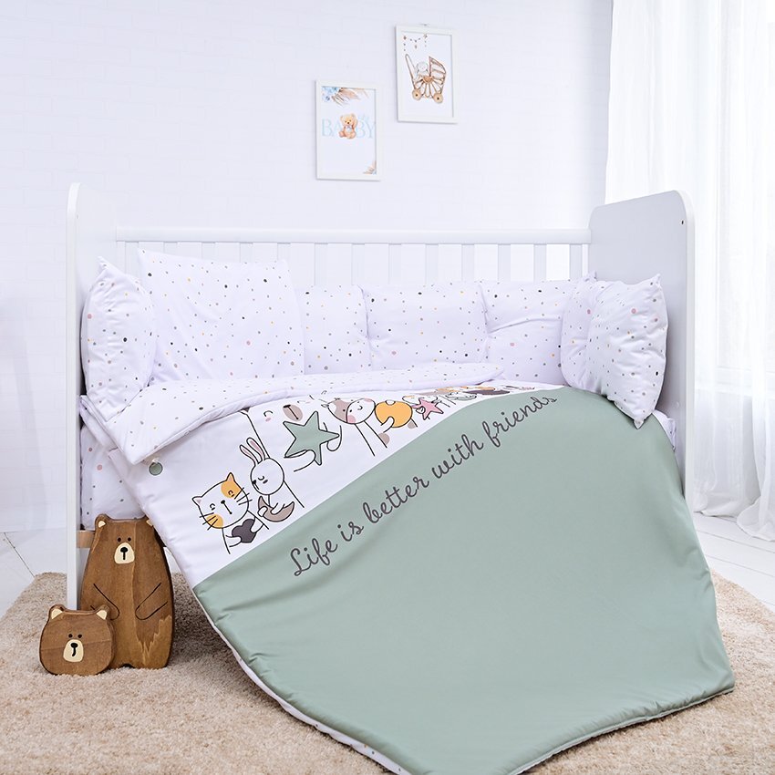 LORELLI Lenjerie cu 7 piese pentru patut 120x60 cm Lily Happy Friends Mint din bumbac ranforce
