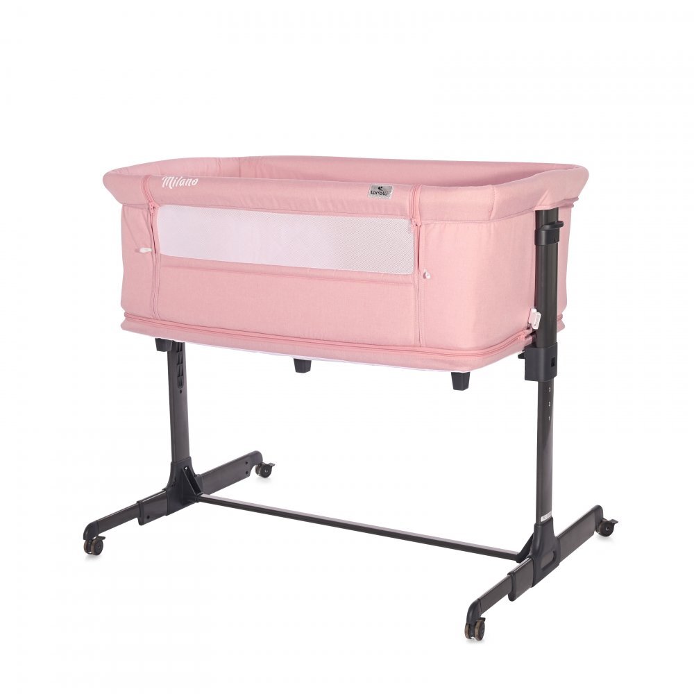 LORELLI Patut Co-Sleeper Milano Pink pliabil cu roti blocabile 2 picioare telescopice laterala cu fermoar inaltime reglabila pozitie anti-reflux