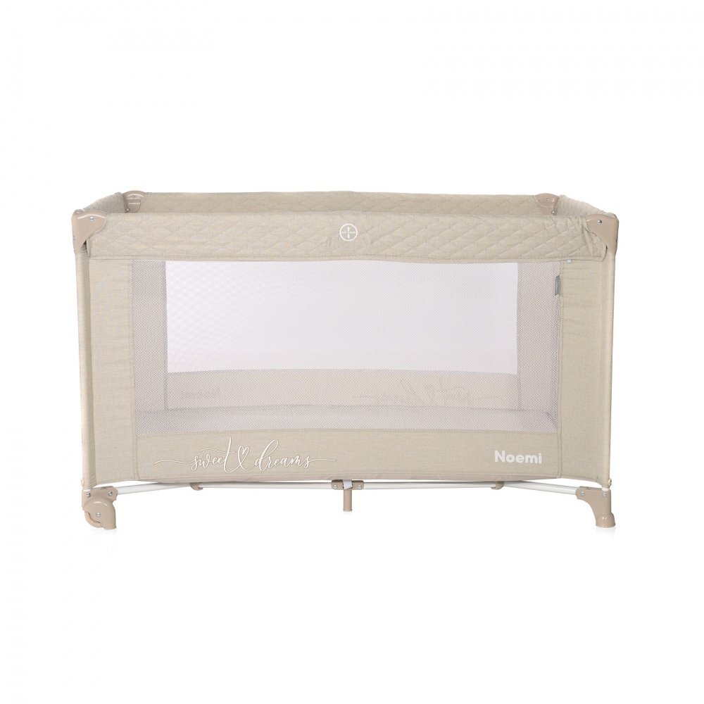 LORELLI Patut Noemi Fog Beige Star pliabil cu 1 nivel laterala cu fermoar roti cu sistem de blocare salteluta si geanta de transport incluse