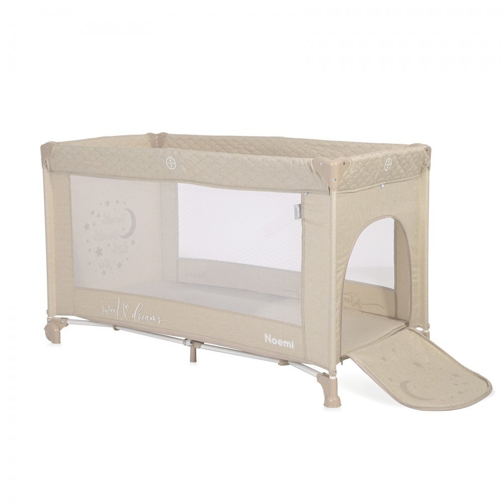 LORELLI Patut Noemi Fog Beige Star pliabil cu 1 nivel laterala cu fermoar roti cu sistem de blocare salteluta si geanta de transport incluse
