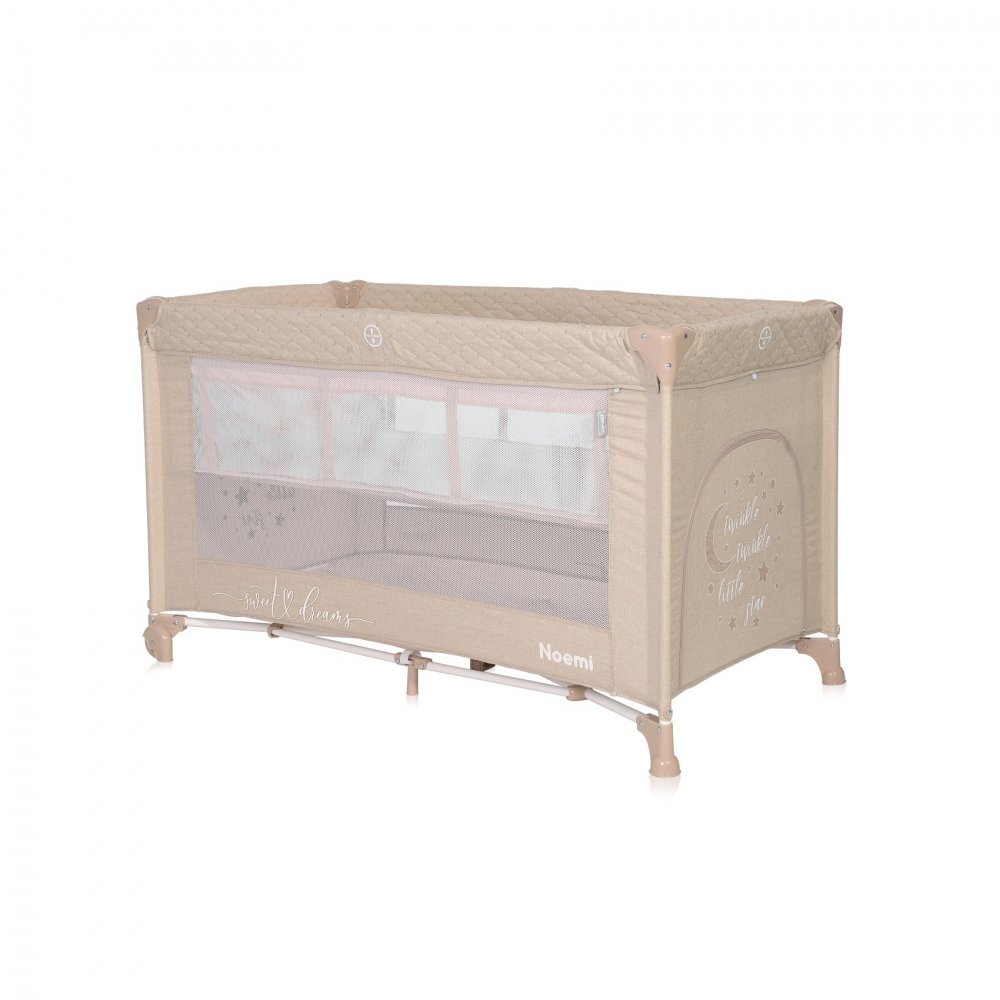 LORELLI Patut Noemi Fog Beige Star pliabil cu 2 nivele laterala cu fermoar roti cu sistem de blocare salteluta si geanta de transport incluse