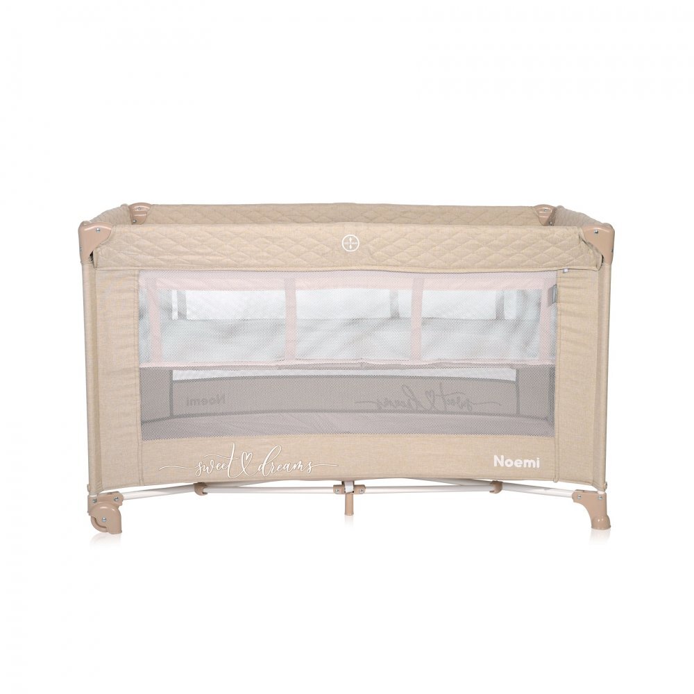 LORELLI Patut Noemi Fog Beige Star pliabil cu 2 nivele laterala cu fermoar roti cu sistem de blocare salteluta si geanta de transport incluse