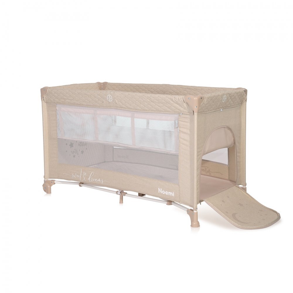 LORELLI Patut Noemi Fog Beige Star pliabil cu 2 nivele laterala cu fermoar roti cu sistem de blocare salteluta si geanta de transport incluse