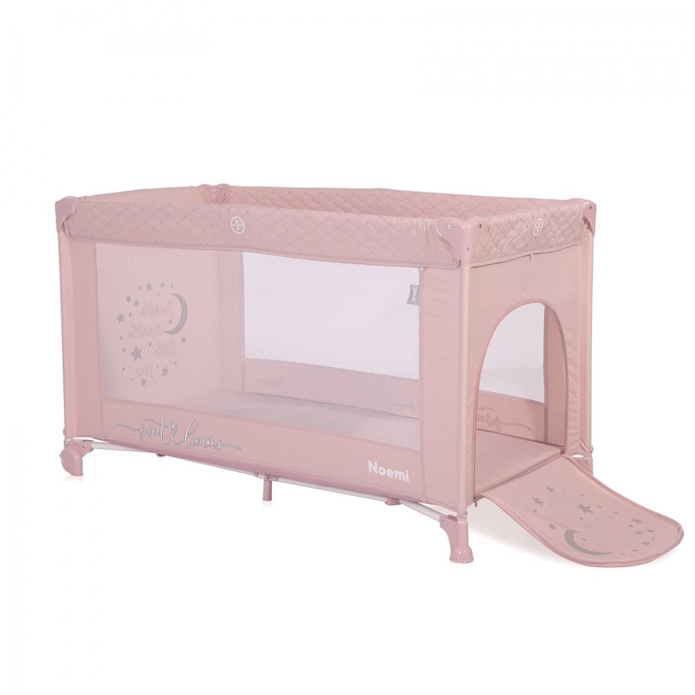 LORELLI Patut Noemi Mellow Rose Star pliabil cu 1 nivel laterala cu fermoar roti cu sistem de blocare salteluta si geanta de transport incluse
