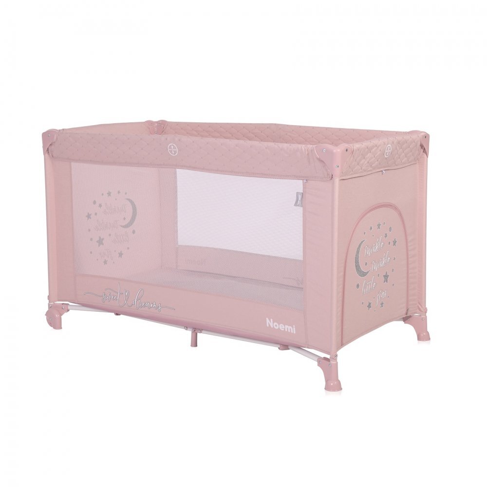 LORELLI Patut Noemi Mellow Rose Star pliabil cu 1 nivel laterala cu fermoar roti cu sistem de blocare salteluta si geanta de transport incluse