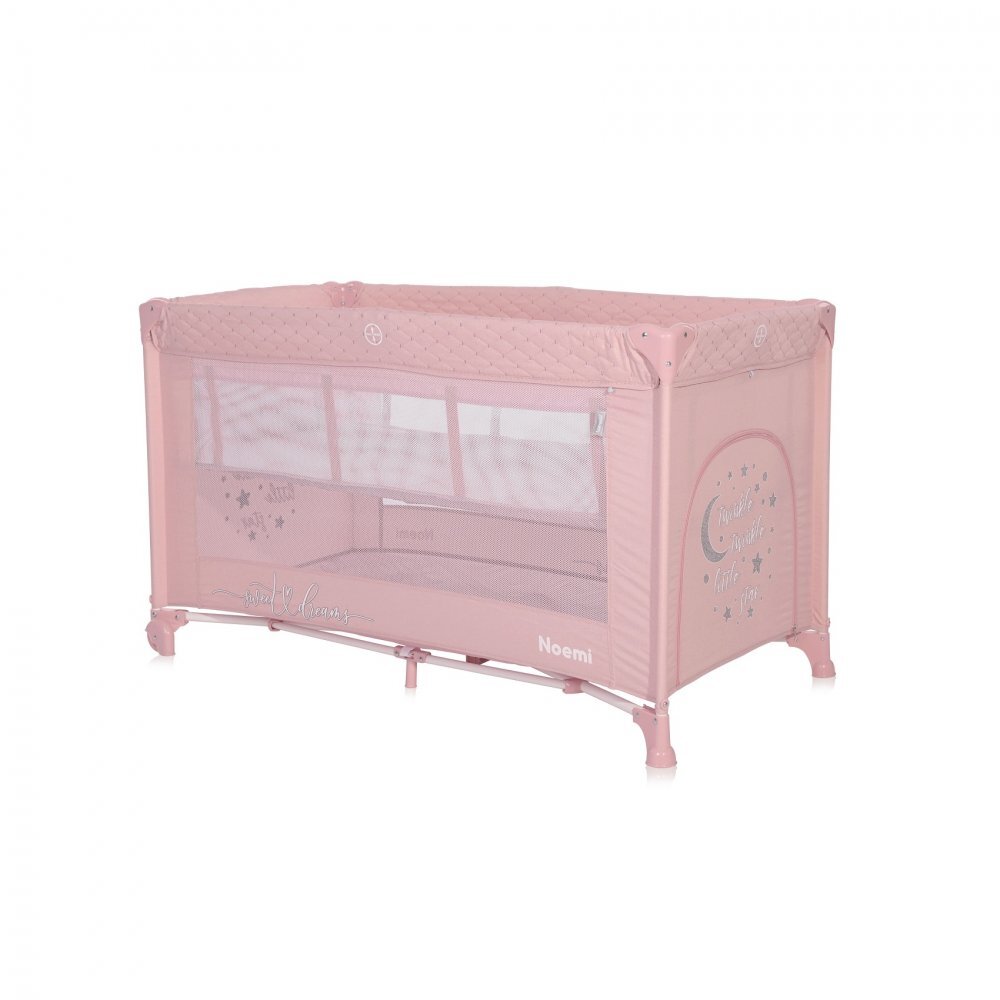 LORELLI Patut Noemi Mellow Rose Star pliabil cu 2 nivele laterala cu fermoar roti cu sistem de blocare salteluta si geanta de transport incluse