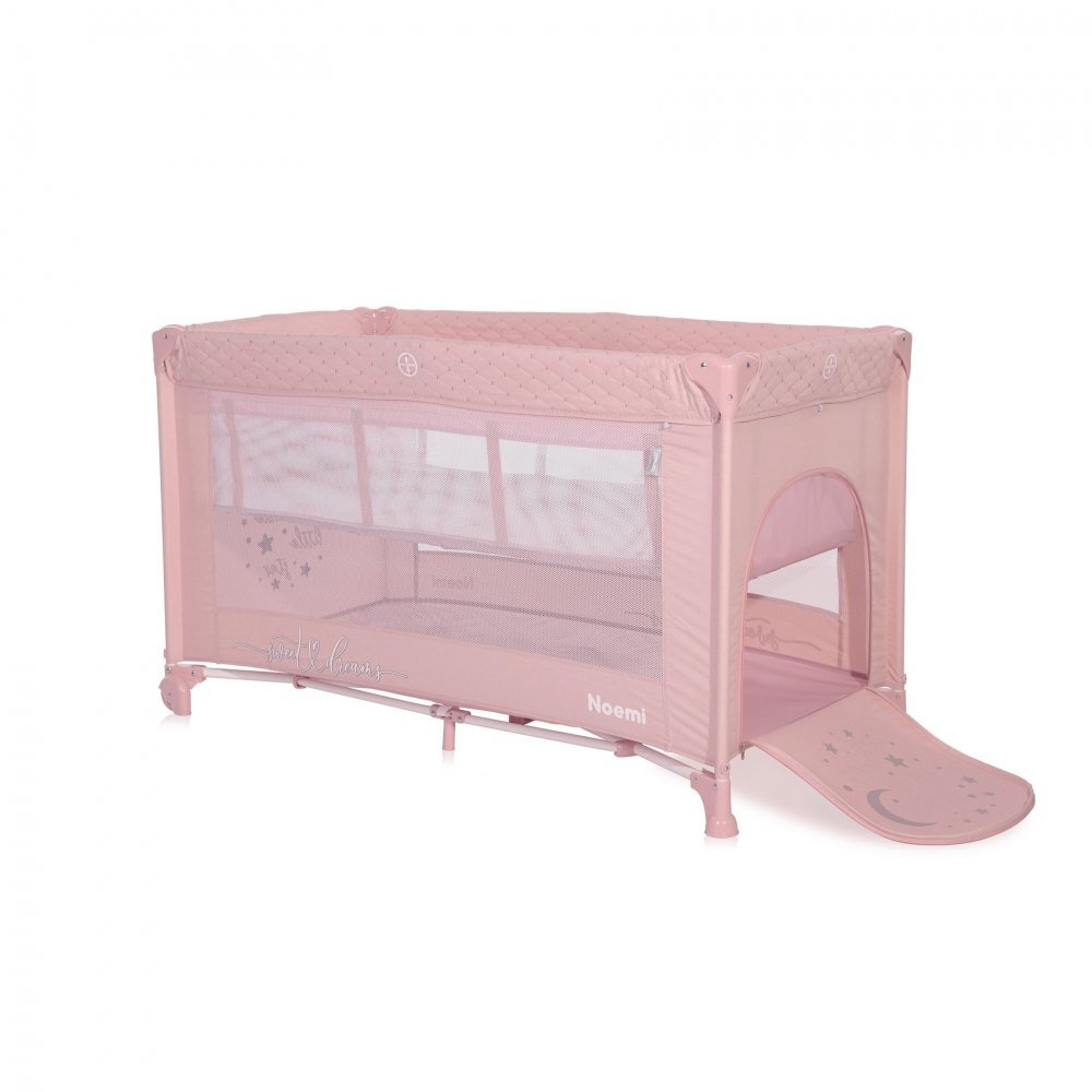 LORELLI Patut Noemi Mellow Rose Star pliabil cu 2 nivele laterala cu fermoar roti cu sistem de blocare salteluta si geanta de transport incluse