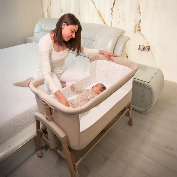 LORELLI Patut pliabil co-sleeper Millie Beige 0 luni+ maxim 9 kg inaltime reglabila 7 pozitii sistem antireflux plasa de tantari saltea inclusa