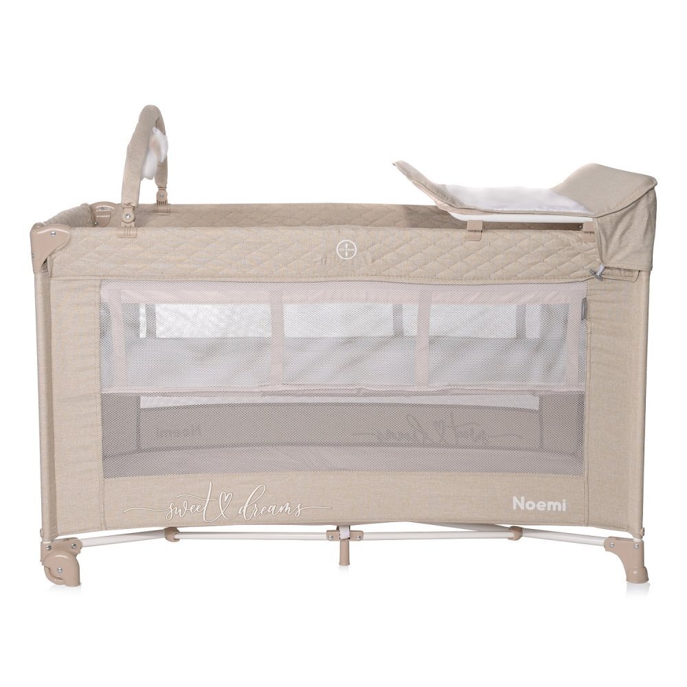 LORELLI Patut pliabil Noemi Plus Fog Beige Star cu 2 nivele usa laterala cu fermoar roti cu sistem de blocare accesorii incluse