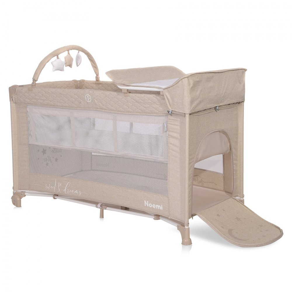 LORELLI Patut pliabil Noemi Plus Fog Beige Star cu 2 nivele usa laterala cu fermoar roti cu sistem de blocare accesorii incluse