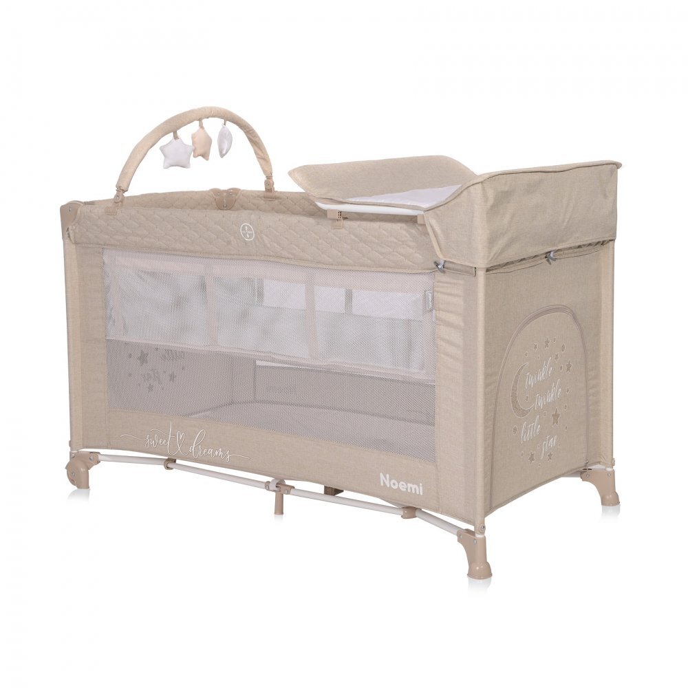 LORELLI Patut pliabil Noemi Plus Fog Beige Star cu 2 nivele usa laterala cu fermoar roti cu sistem de blocare accesorii incluse