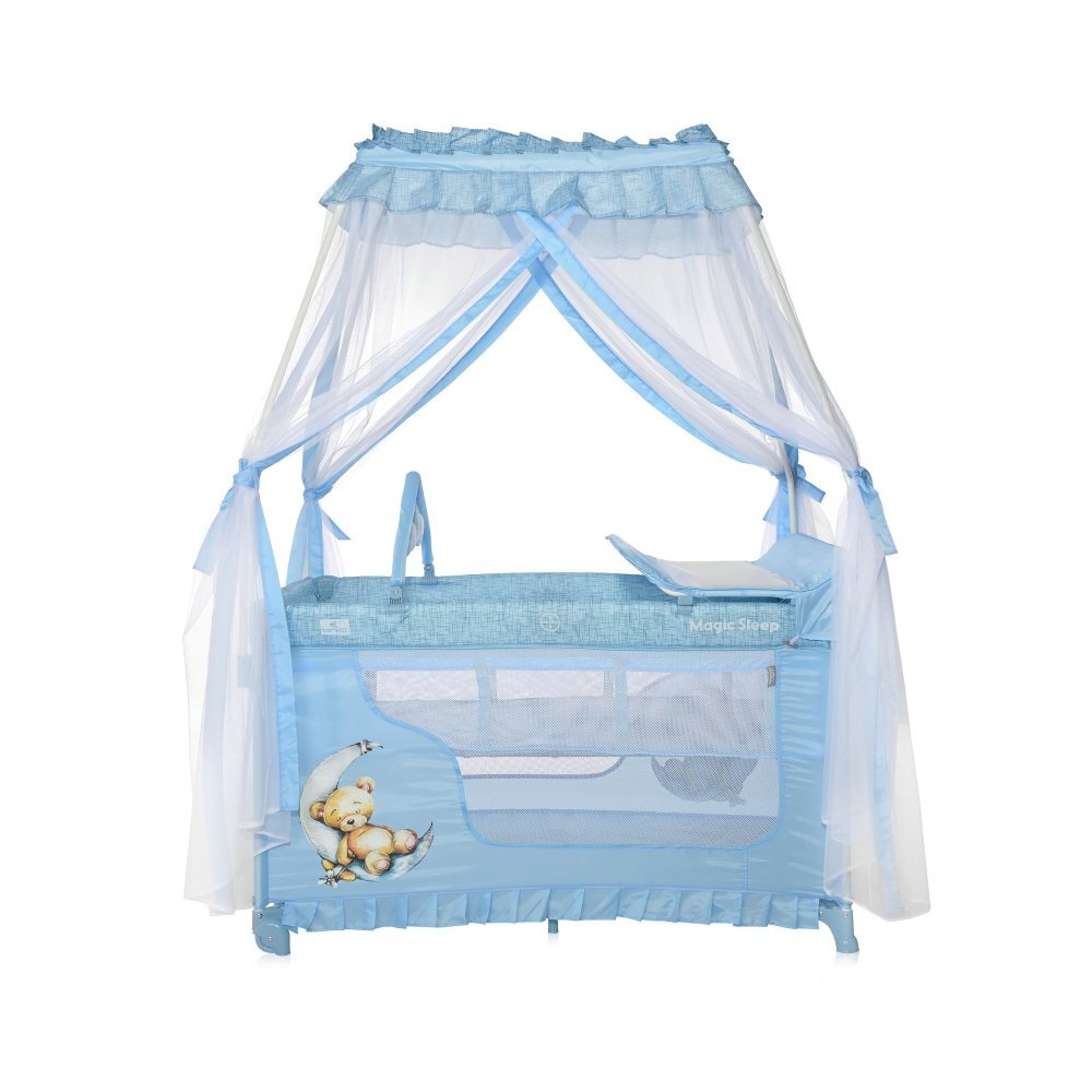 LORELLI Patut pliabil stil baldachin Magic Sleep Blue Moon Sleeping Bear cu 2 nivele usa laterala cu fermoar roti accesorii incluse