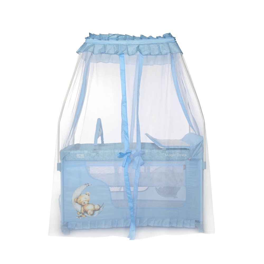 LORELLI Patut pliabil stil baldachin Magic Sleep Blue Moon Sleeping Bear cu 2 nivele usa laterala cu fermoar roti accesorii incluse