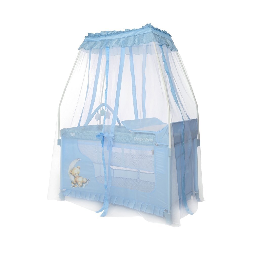 LORELLI Patut pliabil stil baldachin Magic Sleep Blue Moon Sleeping Bear cu 2 nivele usa laterala cu fermoar roti accesorii incluse