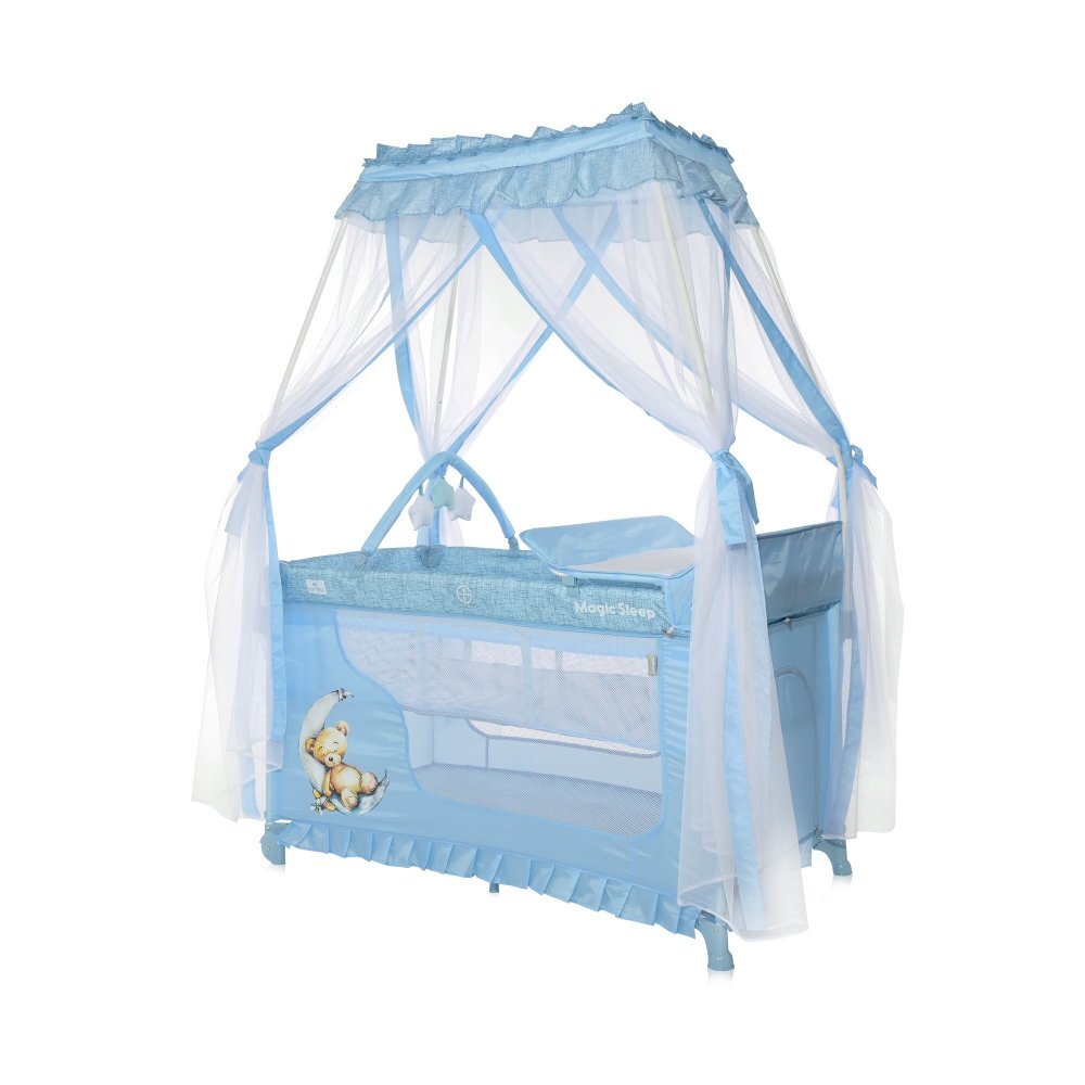 LORELLI Patut pliabil stil baldachin Magic Sleep Blue Moon Sleeping Bear cu 2 nivele usa laterala cu fermoar roti accesorii incluse
