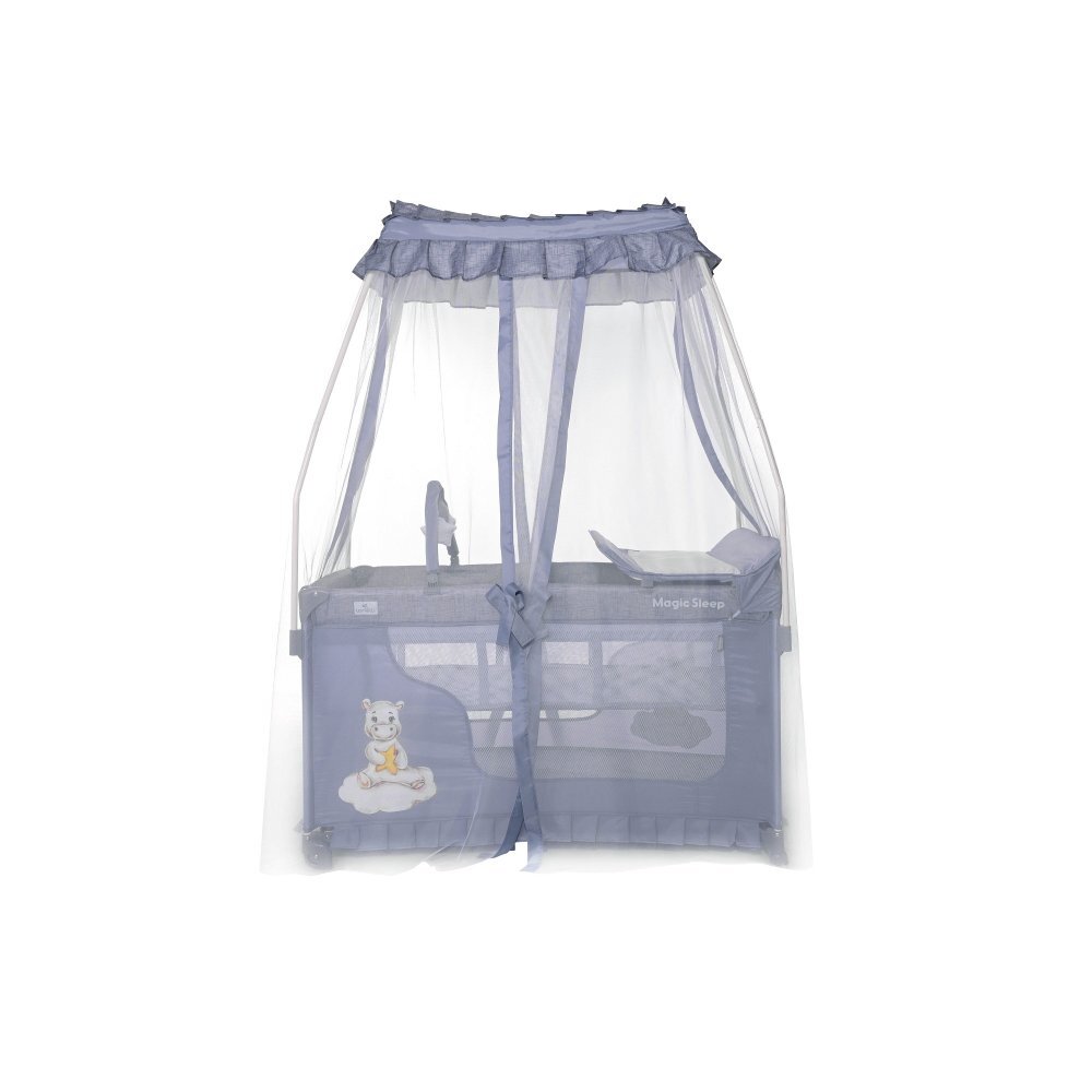 LORELLI Patut pliabil stil baldachin Magic Sleep Cool Grey Hippo cu 2 nivele usa laterala cu fermoar roti accesorii incluse