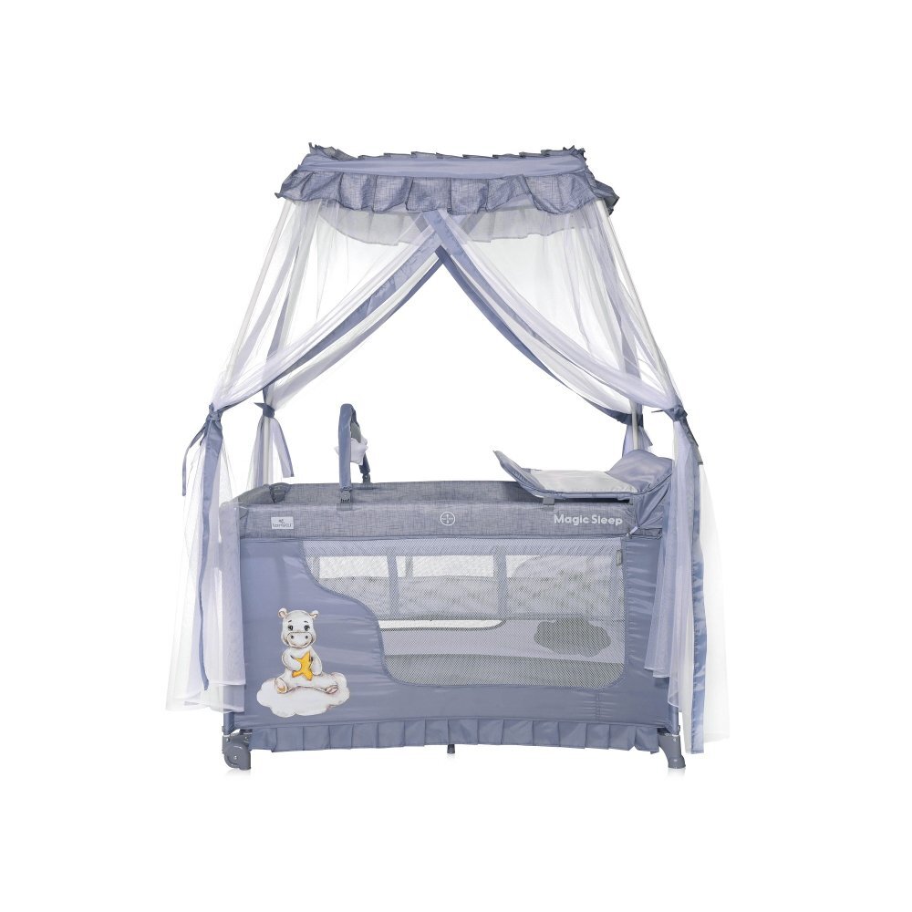 LORELLI Patut pliabil stil baldachin Magic Sleep Cool Grey Hippo cu 2 nivele usa laterala cu fermoar roti accesorii incluse