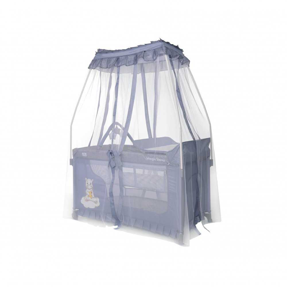 LORELLI Patut pliabil stil baldachin Magic Sleep Cool Grey Hippo cu 2 nivele usa laterala cu fermoar roti accesorii incluse