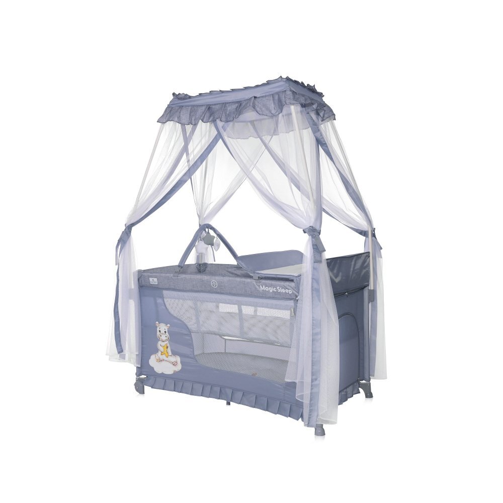 LORELLI Patut pliabil stil baldachin Magic Sleep Cool Grey Hippo cu 2 nivele usa laterala cu fermoar roti accesorii incluse