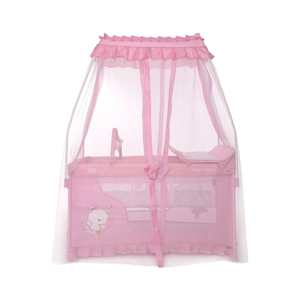 LORELLI Patut pliabil stil baldachin Magic Sleep Mellow Rose Ballerina Bear cu 2 nivele usa laterala cu fermoar roti accesorii incluse