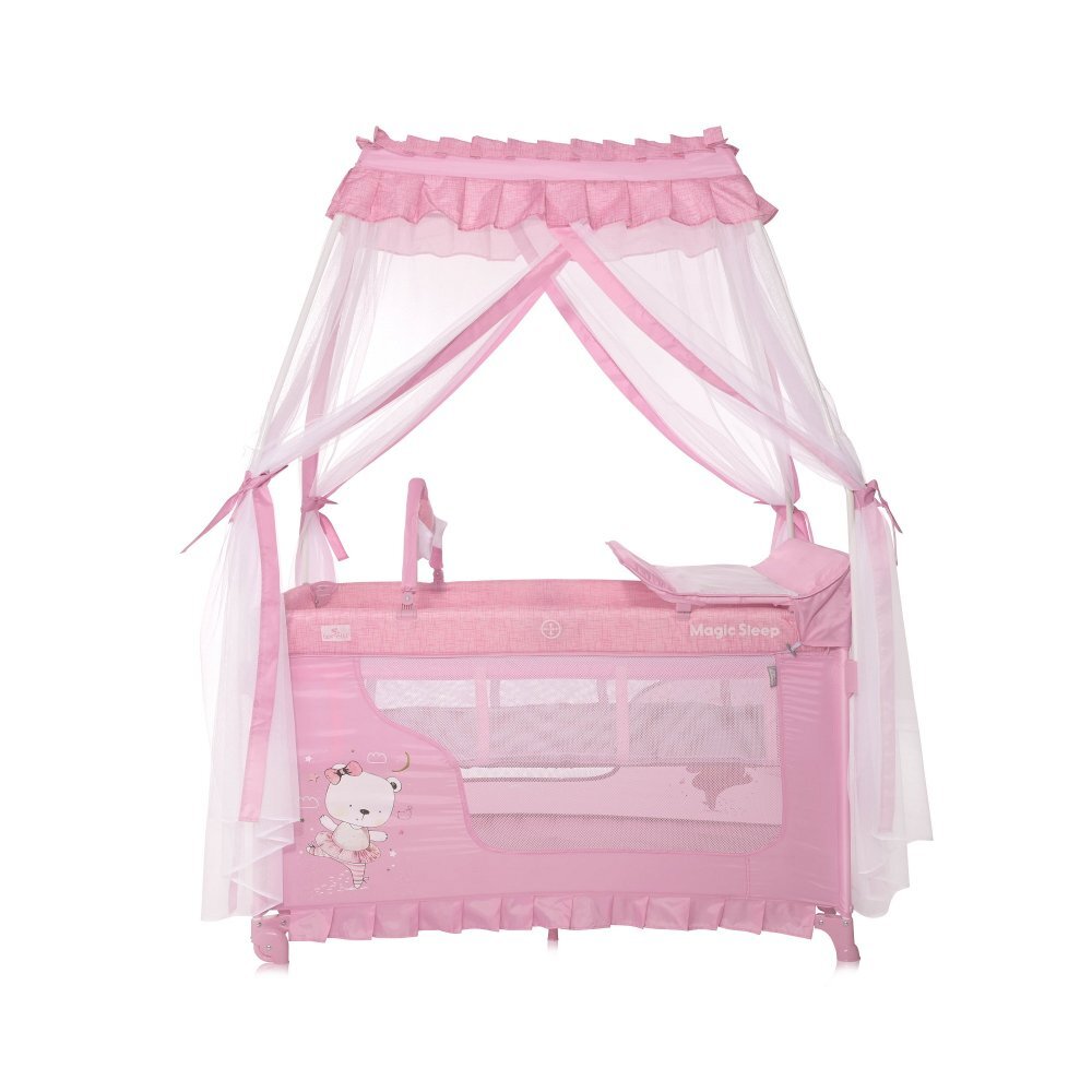 LORELLI Patut pliabil stil baldachin Magic Sleep Mellow Rose Ballerina Bear cu 2 nivele usa laterala cu fermoar roti accesorii incluse