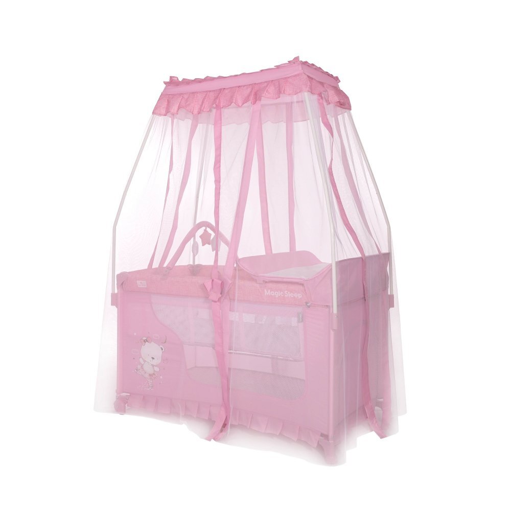 LORELLI Patut pliabil stil baldachin Magic Sleep Mellow Rose Ballerina Bear cu 2 nivele usa laterala cu fermoar roti accesorii incluse