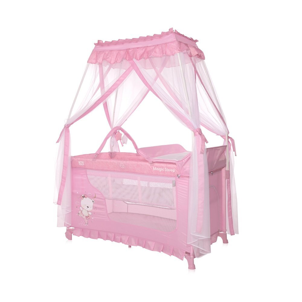 LORELLI Patut pliabil stil baldachin Magic Sleep Mellow Rose Ballerina Bear cu 2 nivele usa laterala cu fermoar roti accesorii incluse