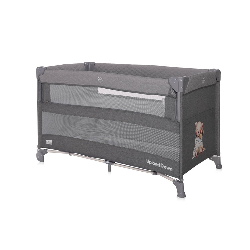 LORELLI Patut pliabil Up and Down Cool Grey Bear cu laterala culisanta sistem side-sleeping cu 2 nivele usa laterala cu fermoar saltea si geanta de transport incluse