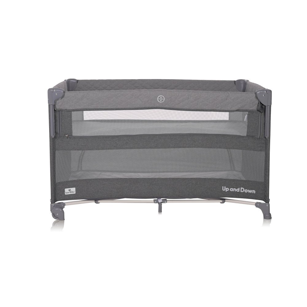 LORELLI Patut pliabil Up and Down Cool Grey Bear cu laterala culisanta sistem side-sleeping cu 2 nivele usa laterala cu fermoar saltea si geanta de transport incluse