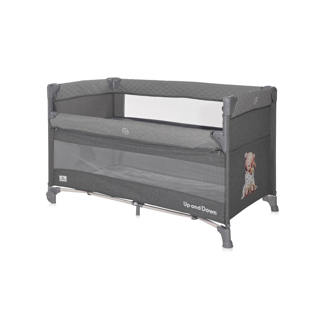LORELLI Patut pliabil Up and Down Cool Grey Bear cu laterala culisanta sistem side-sleeping cu 2 nivele usa laterala cu fermoar saltea si geanta de transport incluse