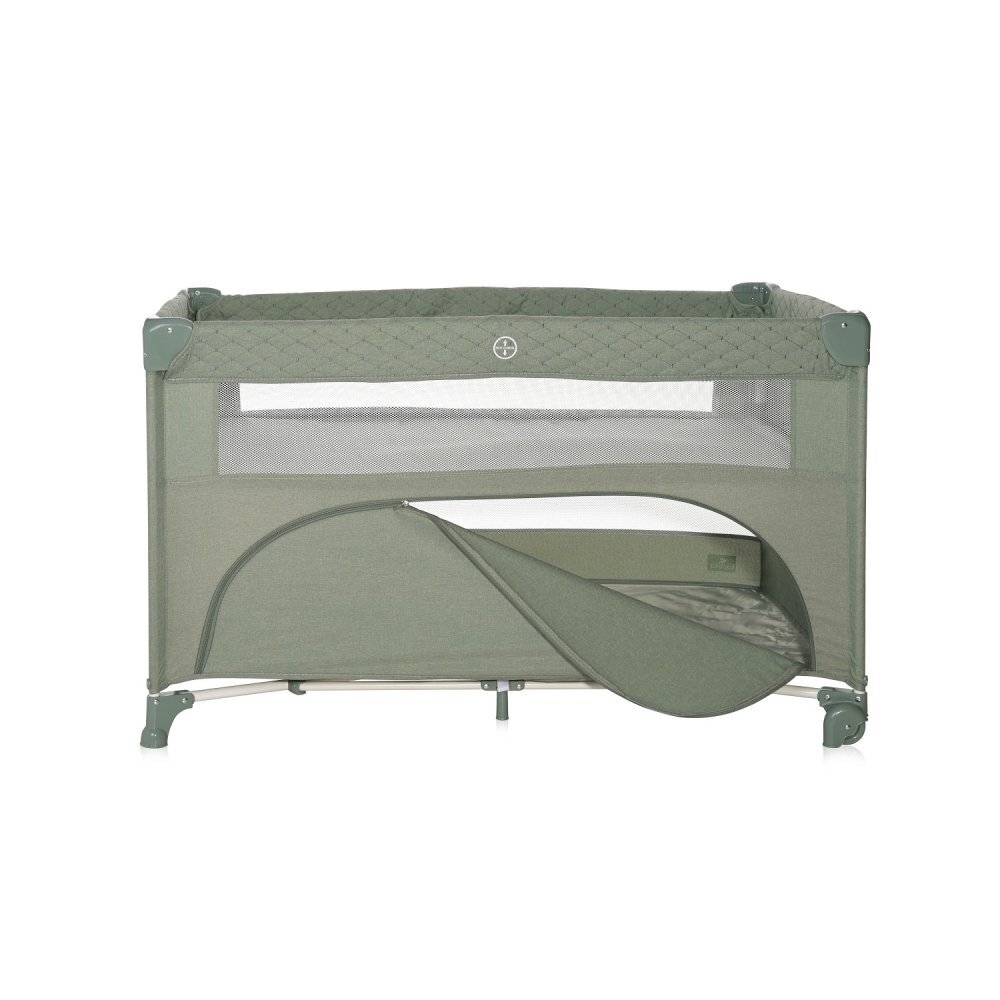 LORELLI Patut pliabil Up and Down Iceberg Green Teddy Bear cu laterala culisanta sistem side-sleeping cu 2 nivele usa laterala cu fermoar saltea si geanta de transport incluse