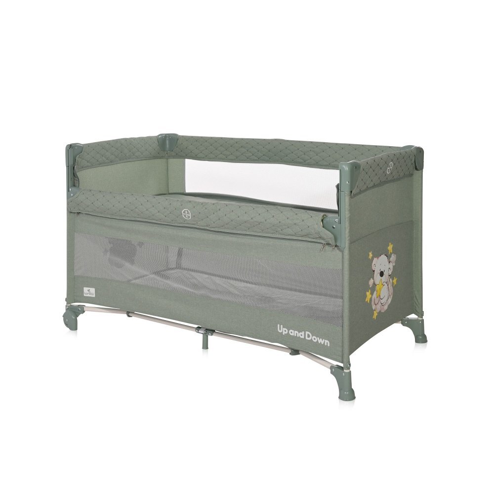 LORELLI Patut pliabil Up and Down Iceberg Green Teddy Bear cu laterala culisanta sistem side-sleeping cu 2 nivele usa laterala cu fermoar saltea si geanta de transport incluse