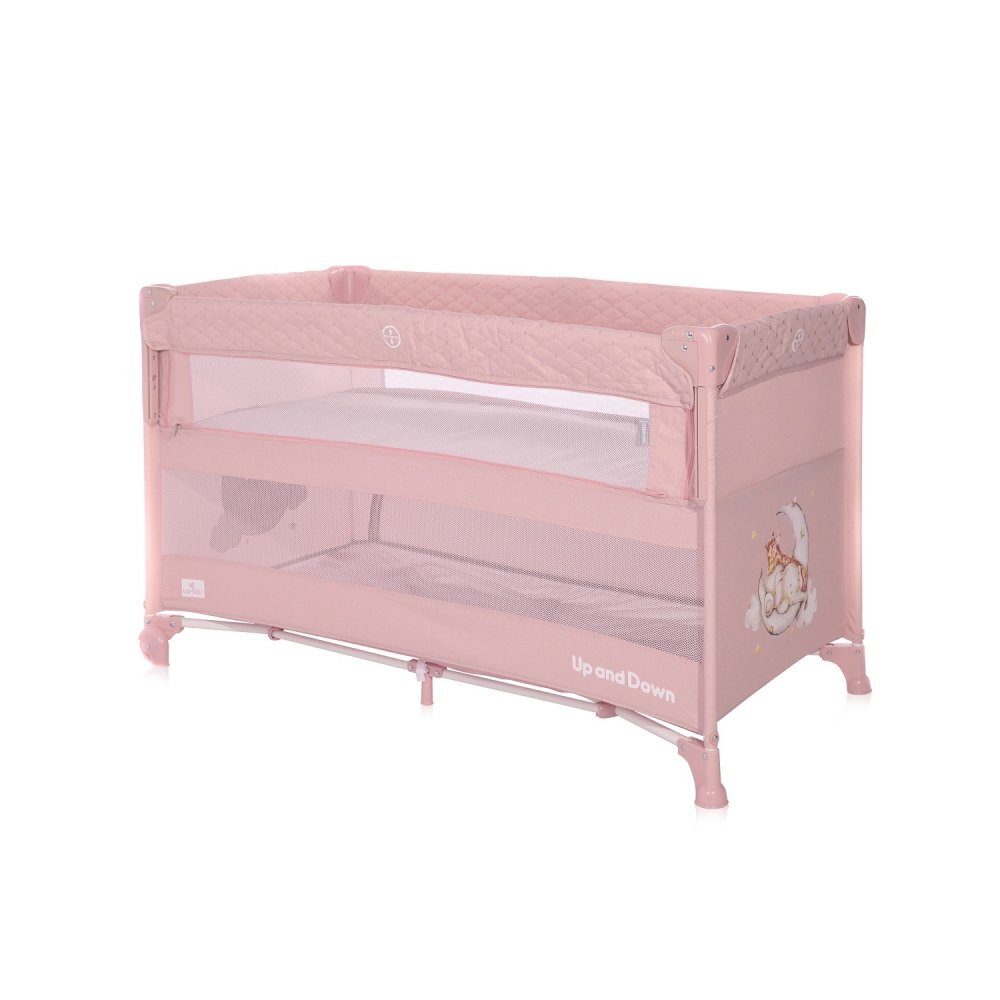 LORELLI Patut pliabil Up and Down Mellow Rose Sleeping Animals cu laterala culisanta sistem side-sleeping cu 2 nivele usa laterala cu fermoar saltea si geanta de transport incluse