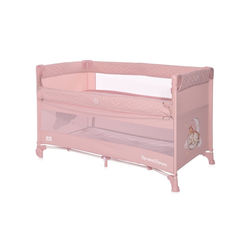 LORELLI Patut pliabil Up and Down Mellow Rose Sleeping Animals cu laterala culisanta sistem side-sleeping cu 2 nivele usa laterala cu fermoar saltea si geanta de transport incluse