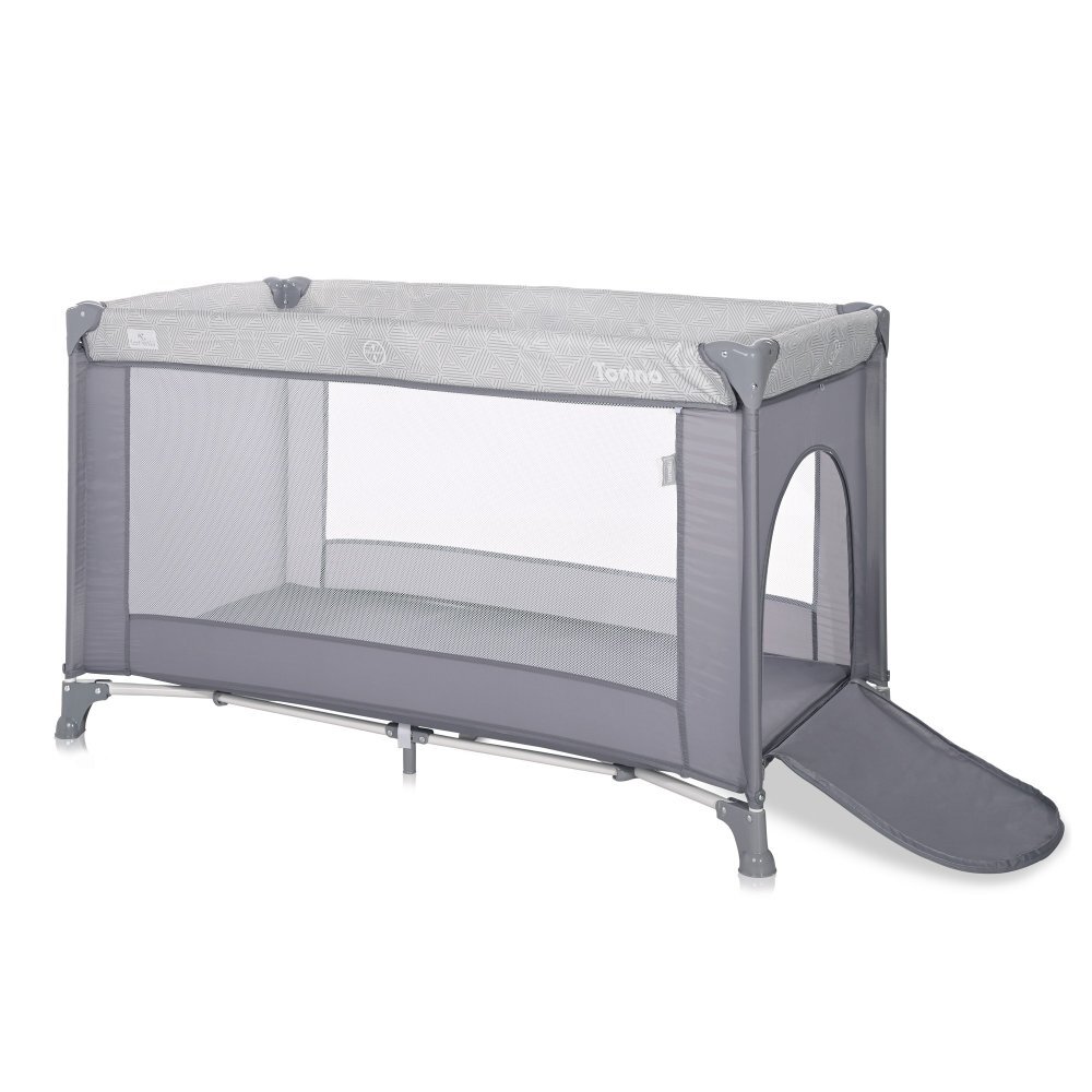 LORELLI Patut Torino 1 nivel Grey Striped Elements pliabil usa laterala cu fermoar roti cu sistem de blocare saltea si geanta de transport incluse