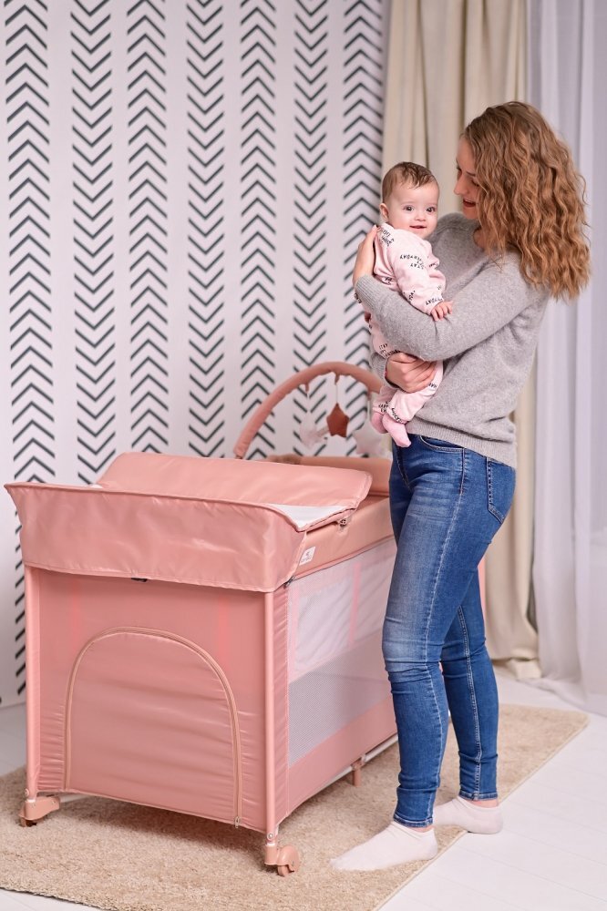 LORELLI Patut Torino Plus Grey Striped Elements pliabil cu 2 nivele roti cu sistem de blocare masuta de infasat accesorii incluse