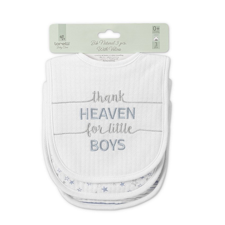 LORELLI Set 3 bavete din bumbac pentru nou-nascut inchidere cu velcro potrivit pentru hranire si in perioada eruptiei dentare 0 luni+ Blue