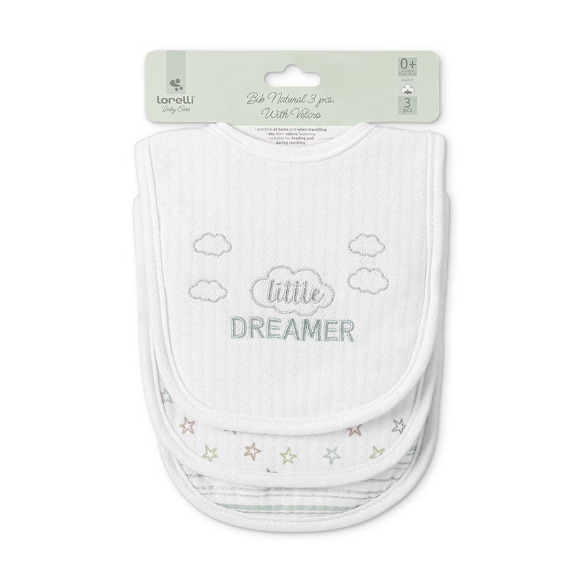 LORELLI Set 3 bavete din bumbac pentru nou-nascut inchidere cu velcro potrivit pentru hranire si in perioada eruptiei dentare 0 luni+ White