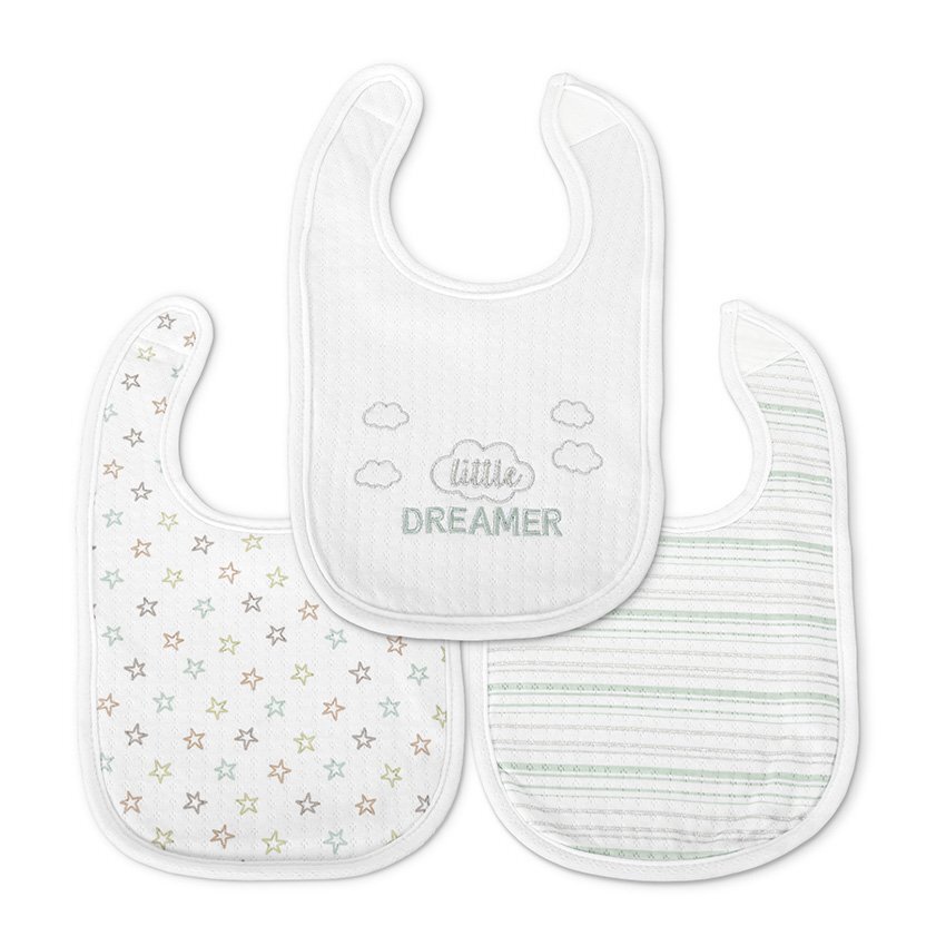 LORELLI Set 3 bavete din bumbac pentru nou-nascut inchidere cu velcro potrivit pentru hranire si in perioada eruptiei dentare 0 luni+ White