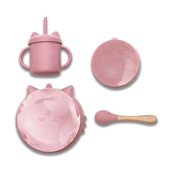 LORELLI Set de hranire din silicon natural 4 piese 6 luni+ Pink