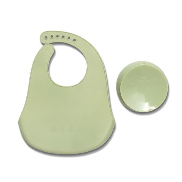 LORELLI Set de hranire din silicon natural contine bol cu vacuum si baveta 6 luni+ Fresh Green