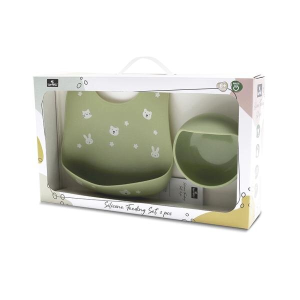 LORELLI Set de hranire din silicon natural contine bol cu vacuum si baveta 6 luni+ Fresh Green