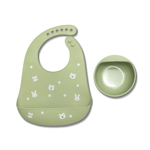 LORELLI Set de hranire din silicon natural contine bol cu vacuum si baveta 6 luni+ Fresh Green
